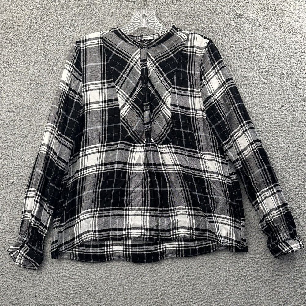 Lucky Brand Popover Pleated Flannel Shirt Button Plaid Preppy Boho Women's M